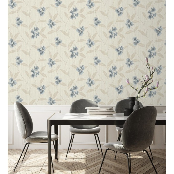 Papel pintado de flores azules fondo efecto textil en relieve en tonos claros - Evelyn Grace 683576