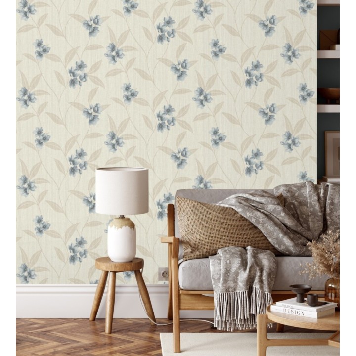Papel pintado de flores azules fondo efecto textil en relieve en tonos claros - Evelyn Grace 683576