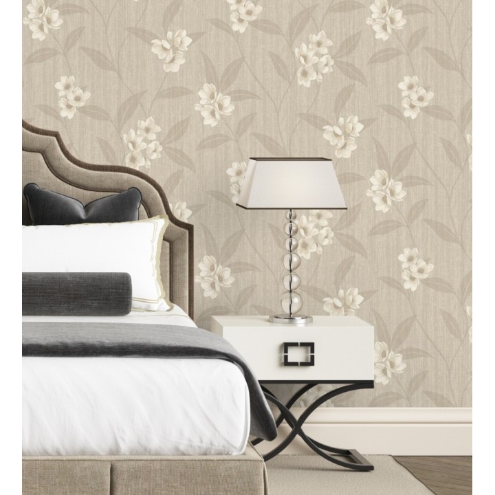 Papel pintado de flores beige fondo efecto textil en relieve tonos camel - Evelyn Grace 683577