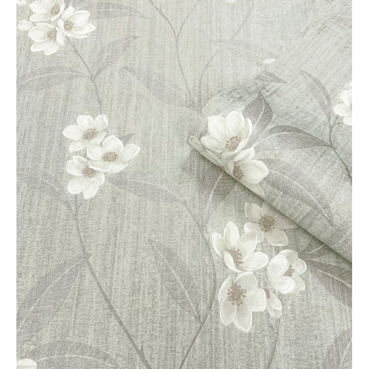 Papel pintado de flores blancas fondo efecto textil en relieve tonos grises - Evelyn Grace 683578