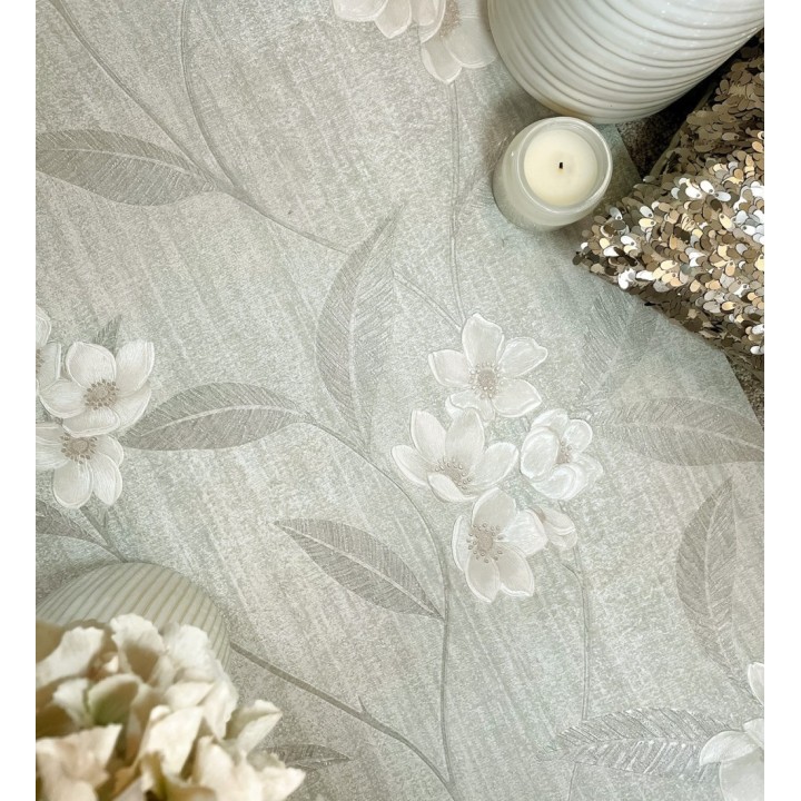 Papel pintado de flores blancas fondo efecto textil en relieve tonos grises - Evelyn Grace 683578