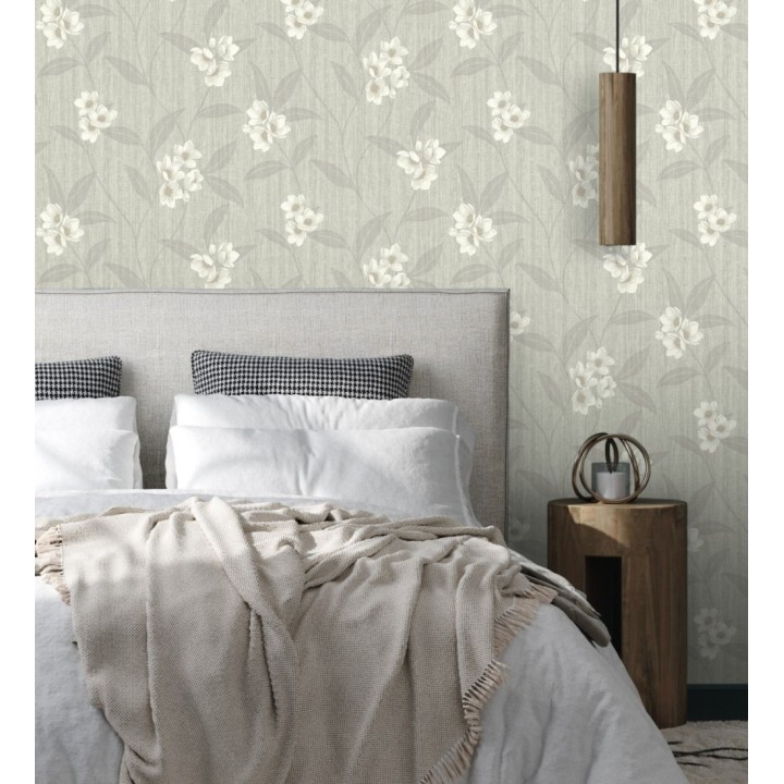 Papel pintado de flores blancas fondo efecto textil en relieve tonos grises - Evelyn Grace 683578