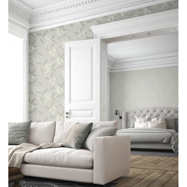 Papel pintado de flores blancas fondo efecto textil en relieve tonos grises - Evelyn Grace 683578