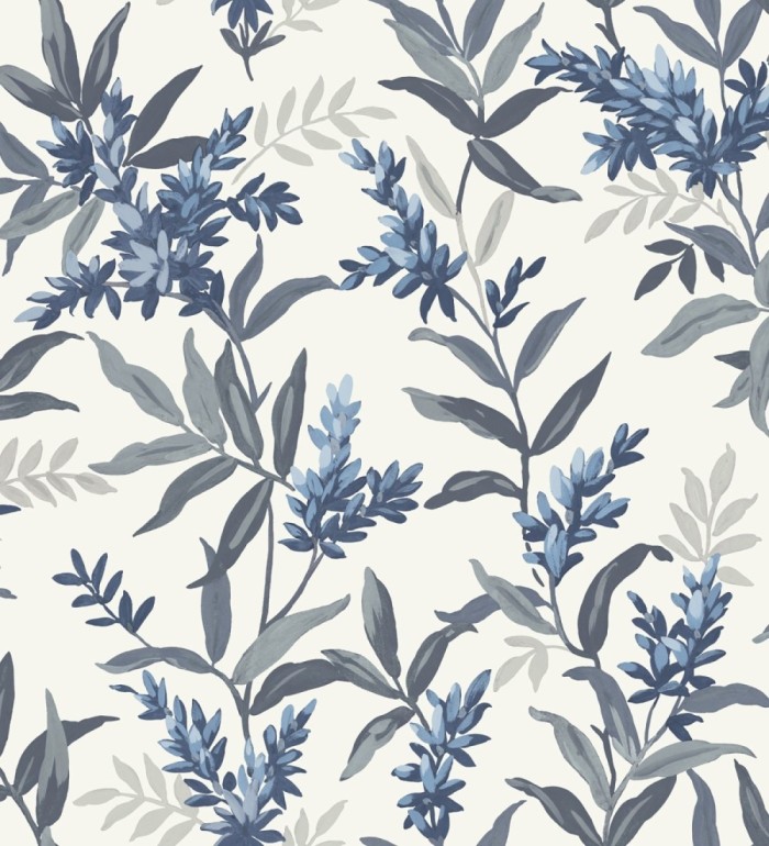 Papel pintado floral con hojas y ramas elegantes con tonos azules - Lily Garden 683579