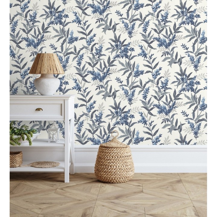 Papel pintado floral con hojas y ramas elegantes con tonos azules - Lily Garden 683579