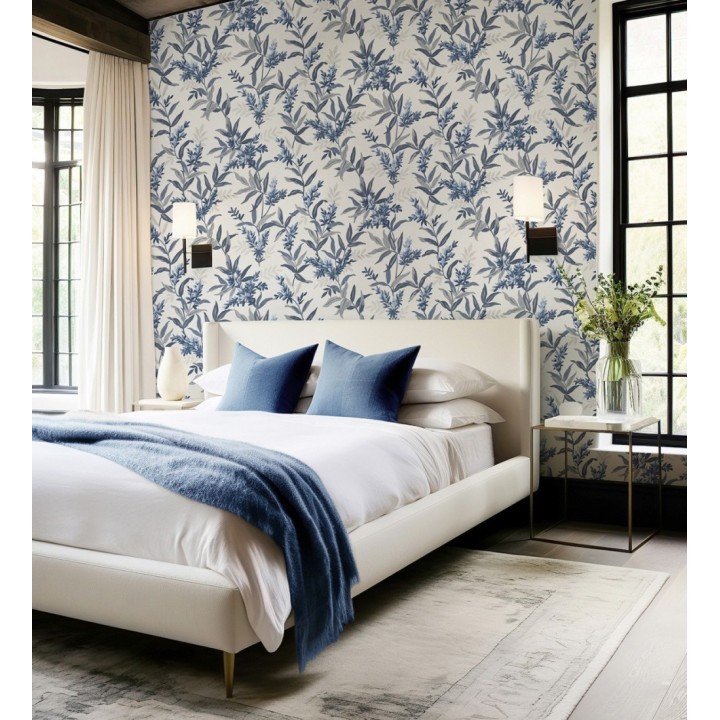 Papel pintado floral con hojas y ramas elegantes con tonos azules - Lily Garden 683579