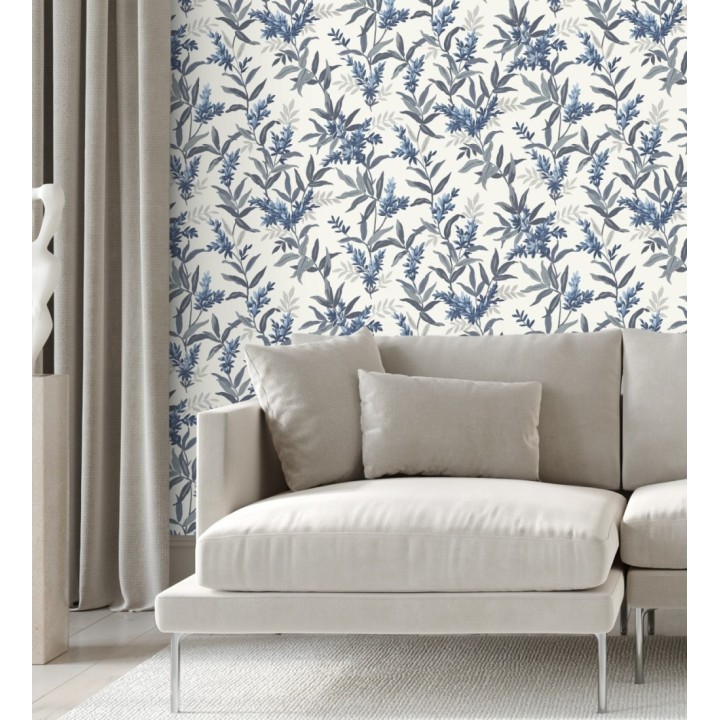 Papel pintado floral con hojas y ramas elegantes con tonos azules - Lily Garden 683579