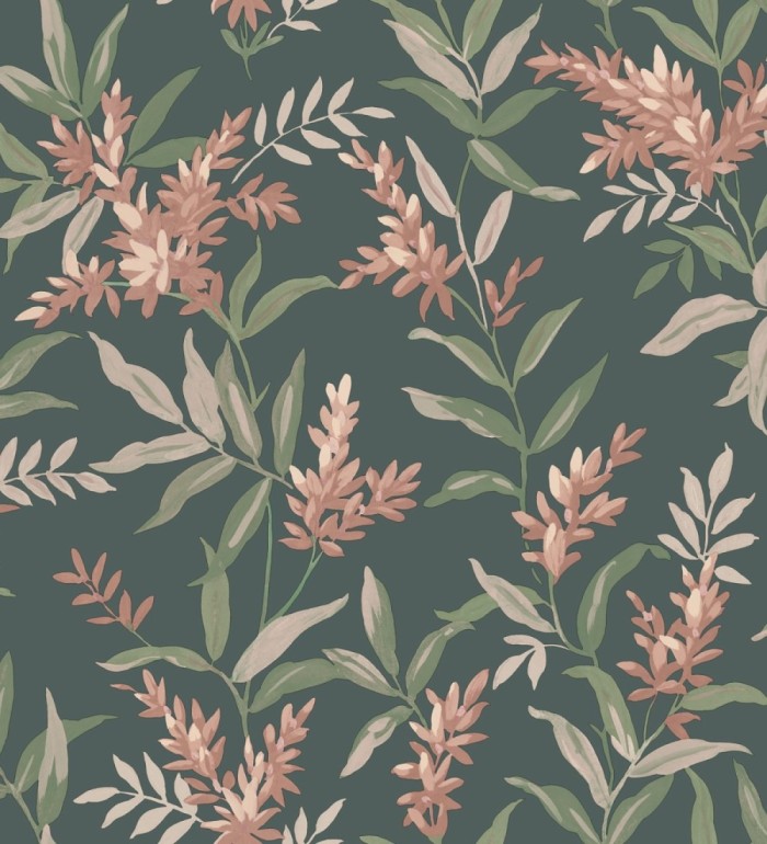 Papel pintado floral con hojas y ramas elegantes con tonos coral pastel - Lily Garden 683580