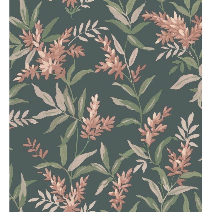 Papel pintado floral con hojas y ramas elegantes con tonos coral pastel - Lily Garden 683580