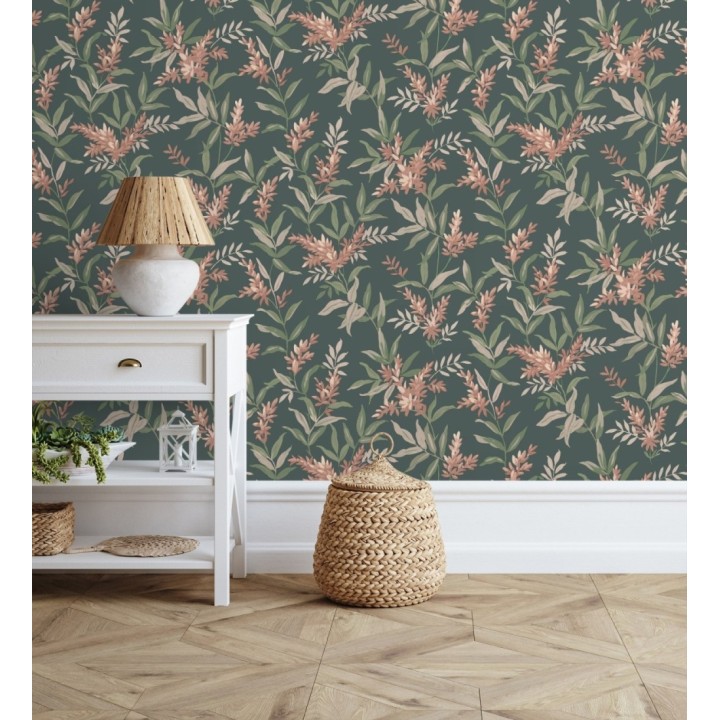 Papel pintado floral con hojas y ramas elegantes con tonos coral pastel - Lily Garden 683580