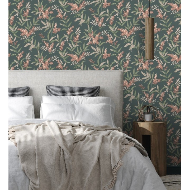 Papel pintado floral con hojas y ramas elegantes con tonos coral pastel - Lily Garden 683580