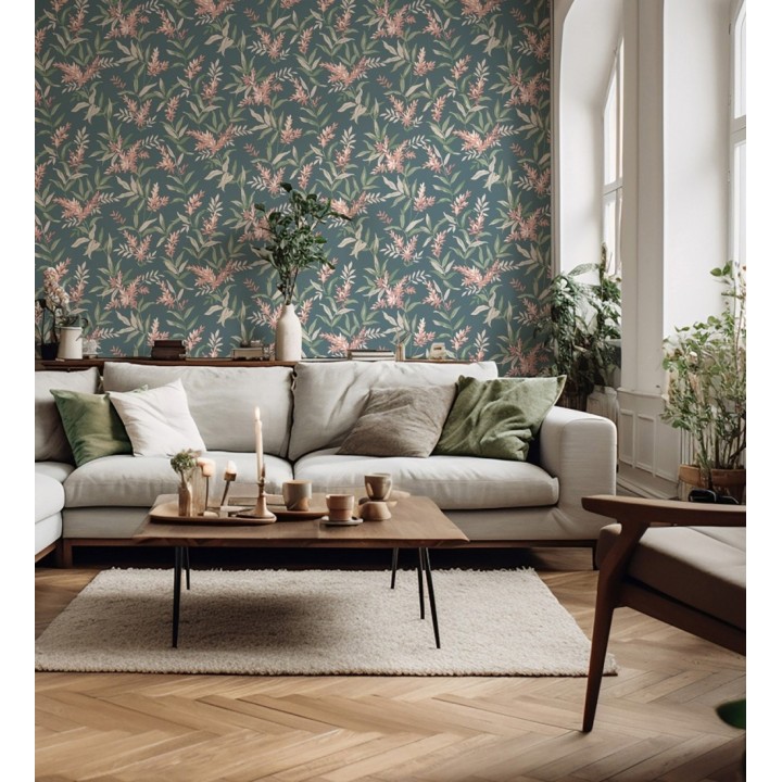 Papel pintado floral con hojas y ramas elegantes con tonos coral pastel - Lily Garden 683580