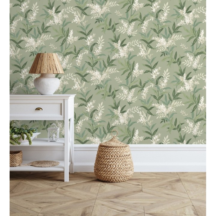 Papel pintado floral con hojas y ramas elegantes con tonos verdes - Lily Garden 683581