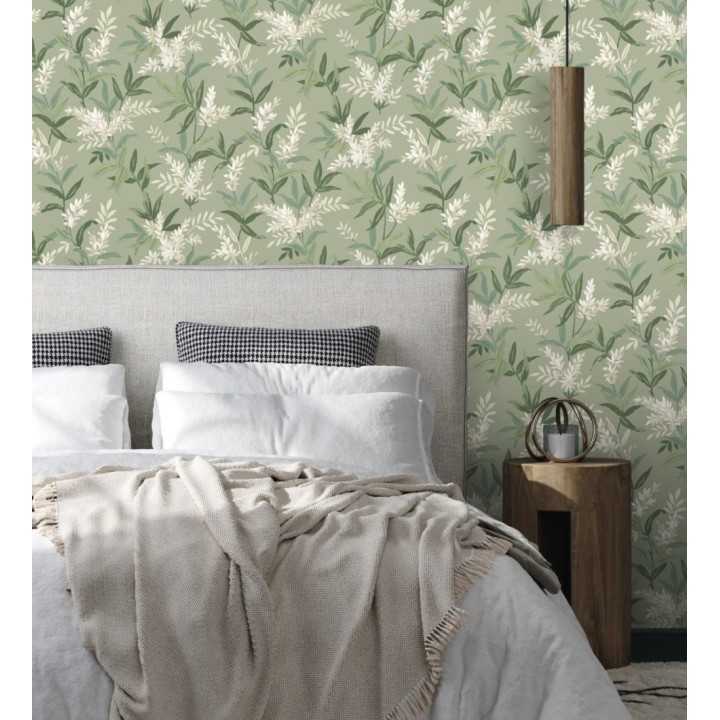 Papel pintado floral con hojas y ramas elegantes con tonos verdes - Lily Garden 683581