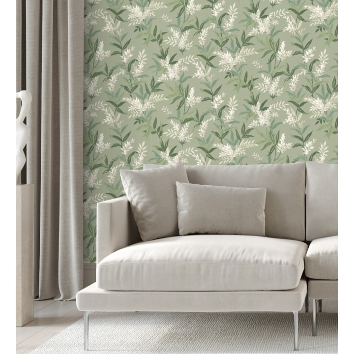 Papel pintado floral con hojas y ramas elegantes con tonos verdes - Lily Garden 683581