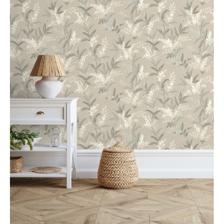Papel pintado floral con hojas y ramas elegantes con tonos beige - Lily Garden 683582