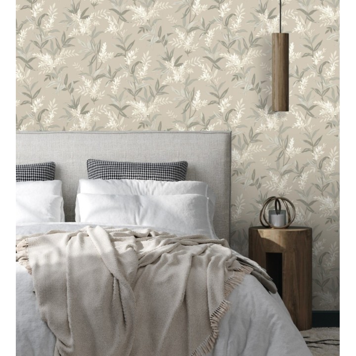 Papel pintado floral con hojas y ramas elegantes con tonos beige - Lily Garden 683582