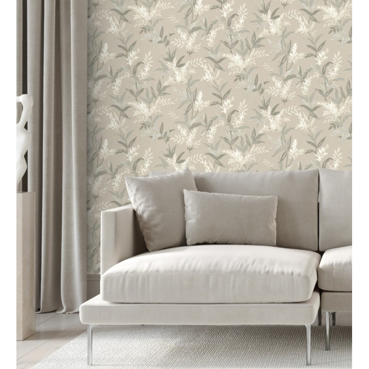 Papel pintado floral con hojas y ramas elegantes con tonos beige - Lily Garden 683582