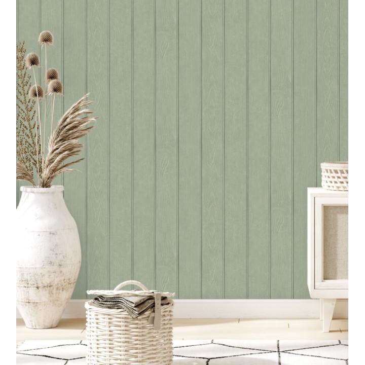 Papel pintado imitación madera color verde con efecto listones - Daimiel Boards 683583