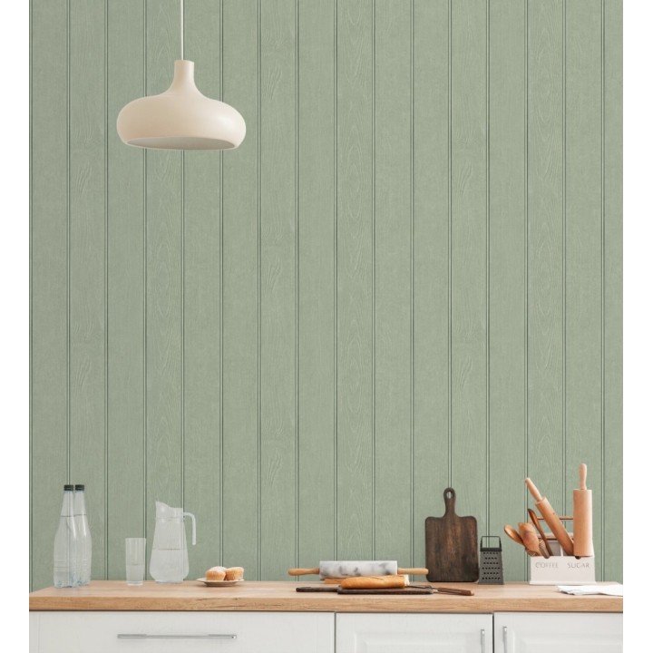 Papel pintado imitación madera color verde con efecto listones - Daimiel Boards 683583