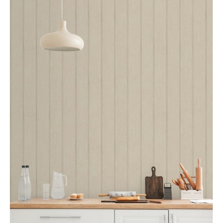 Papel pintado imitación madera color beige con efecto listones - Daimiel Boards 683584