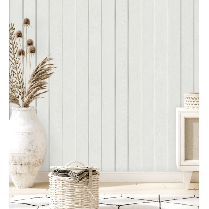 Papel pintado imitación madera color blanco con efecto listones - Daimiel Boards 683585