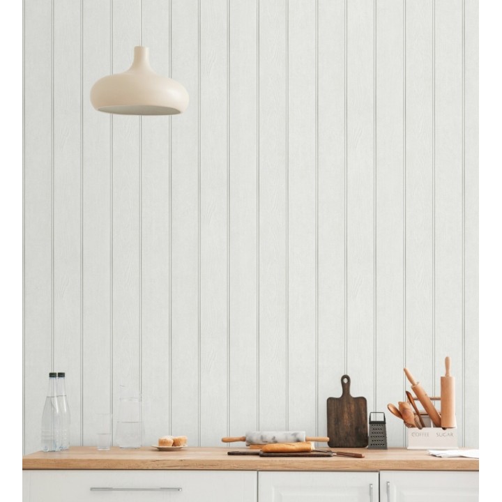 Papel pintado imitación madera color blanco con efecto listones - Daimiel Boards 683585