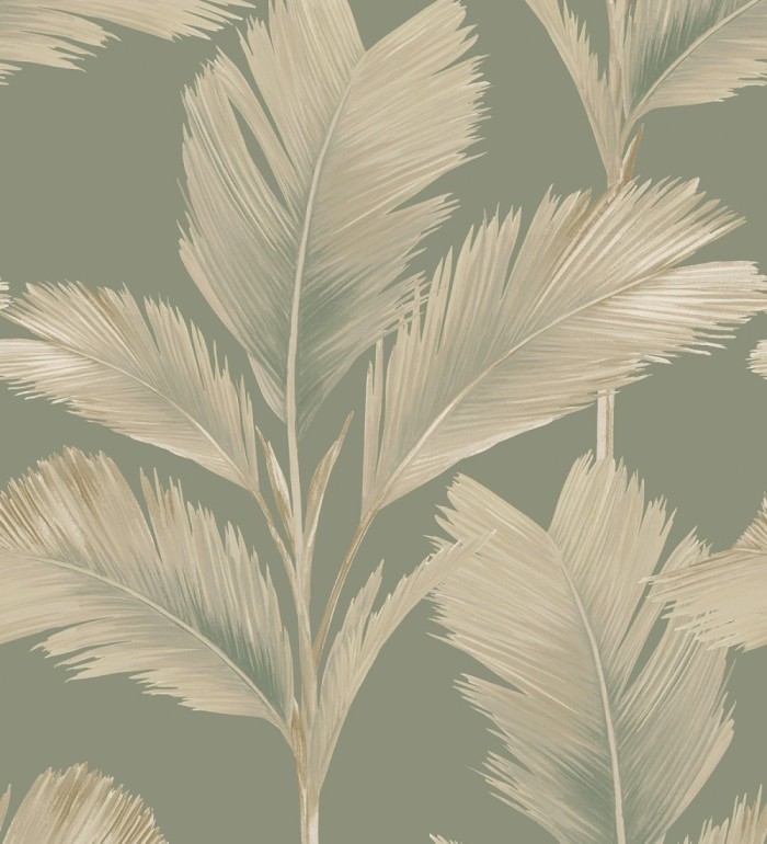 Papel pintado hojas de palma tropical color beige sobre fondo verde mate - Areca 683586