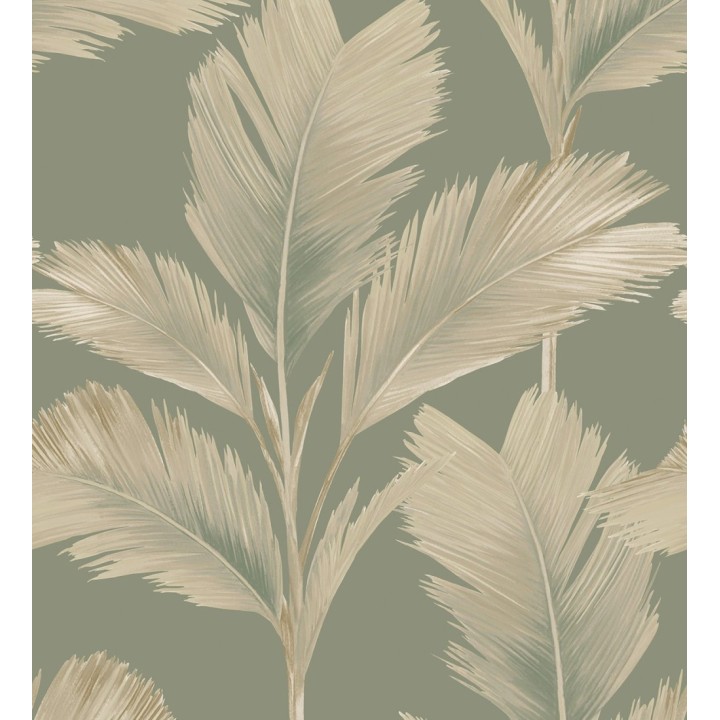 Papel pintado hojas de palma tropical color beige sobre fondo verde mate - Areca 683586