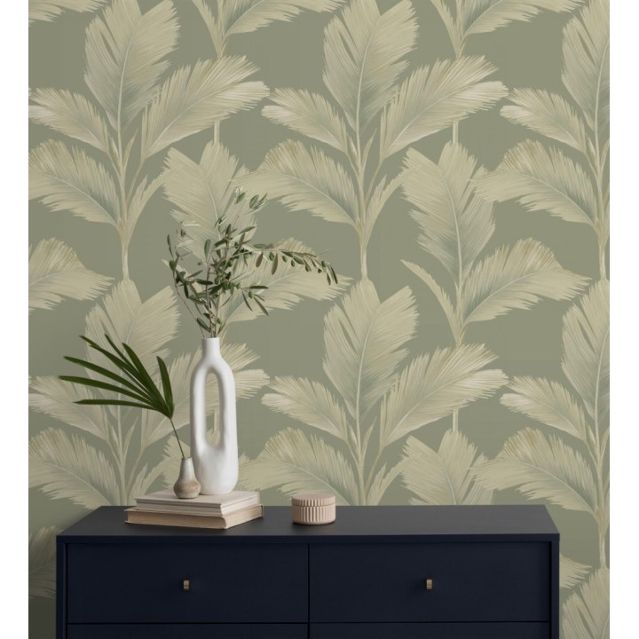 Papel pintado hojas de palma tropical color beige sobre fondo verde mate - Areca 683586