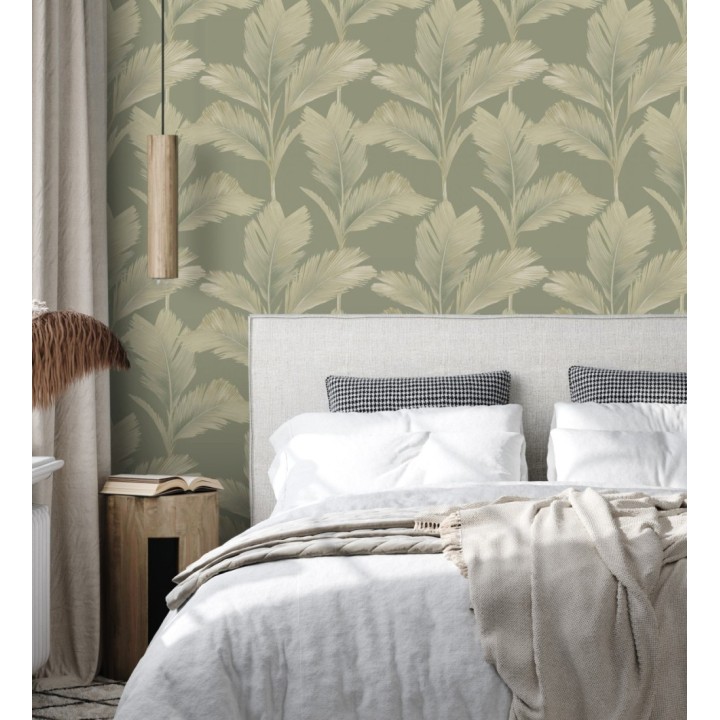 Papel pintado hojas de palma tropical color beige sobre fondo verde mate - Areca 683586