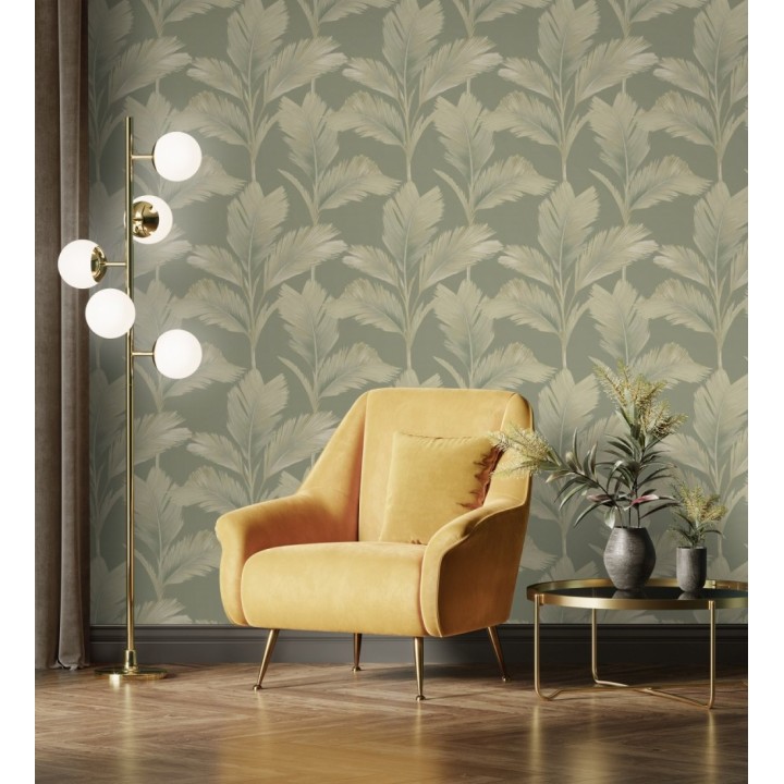 Papel pintado hojas de palma tropical color beige sobre fondo verde mate - Areca 683586