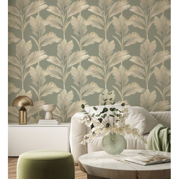 Papel pintado hojas de palma tropical color beige sobre fondo verde mate - Areca 683586