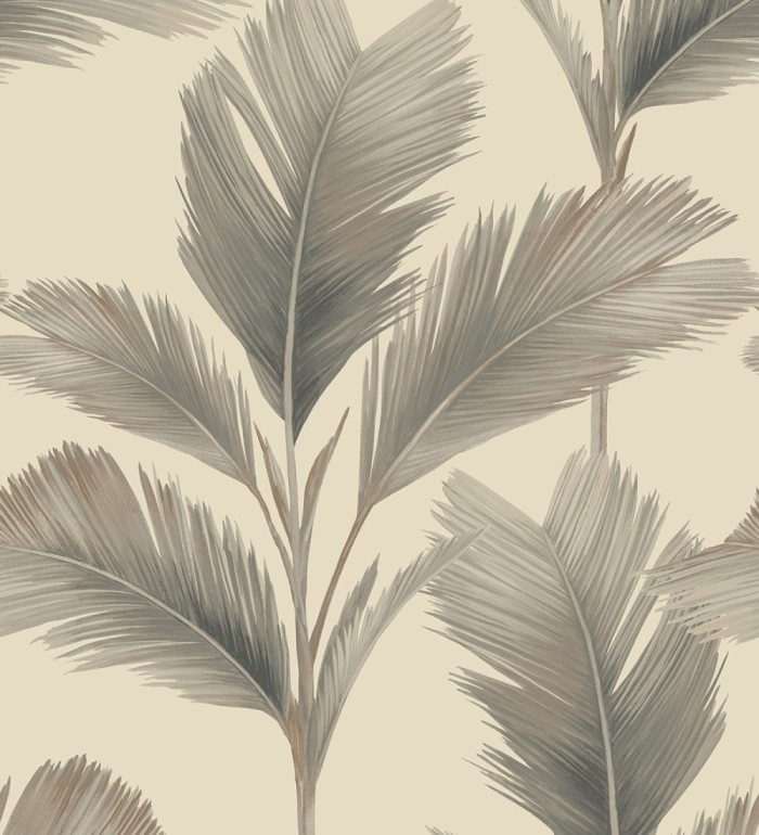 Papel pintado hojas de palma tropical color visón sobre fondo beige mate - Areca 683587