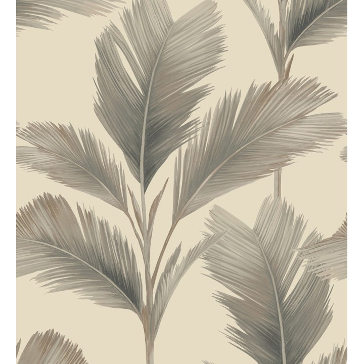Papel pintado hojas de palma tropical color visón sobre fondo beige mate - Areca 683587