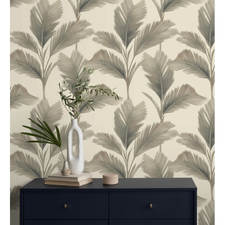Papel pintado hojas de palma tropical color visón sobre fondo beige mate - Areca 683587