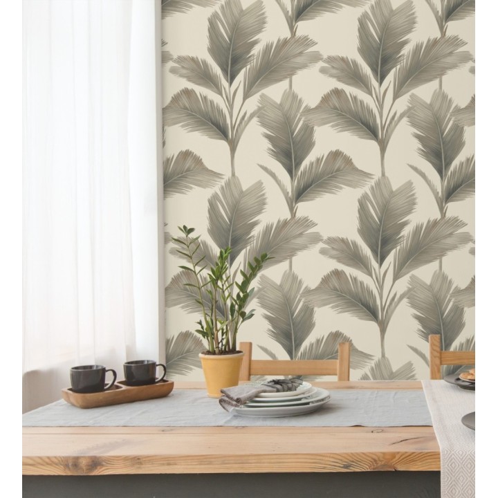 Papel pintado hojas de palma tropical color visón sobre fondo beige mate - Areca 683587