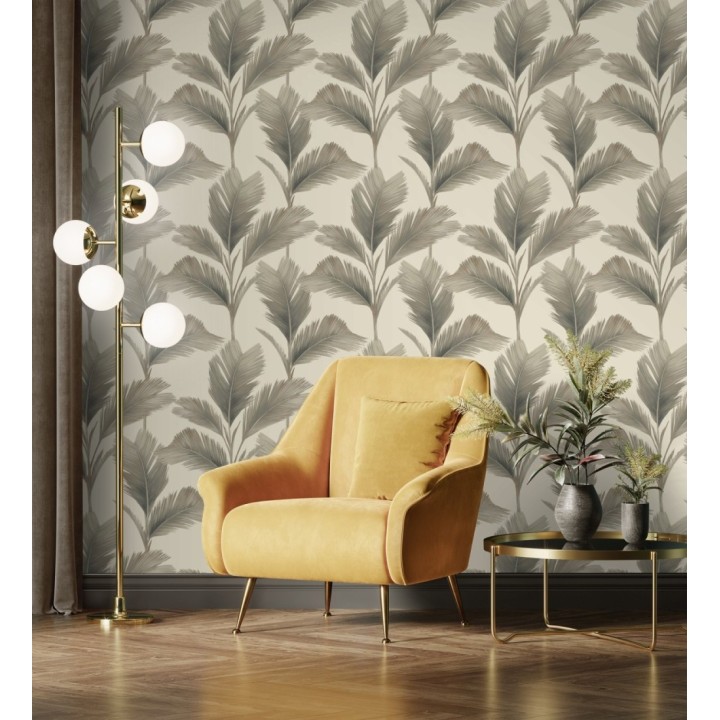 Papel pintado hojas de palma tropical color visón sobre fondo beige mate - Areca 683587