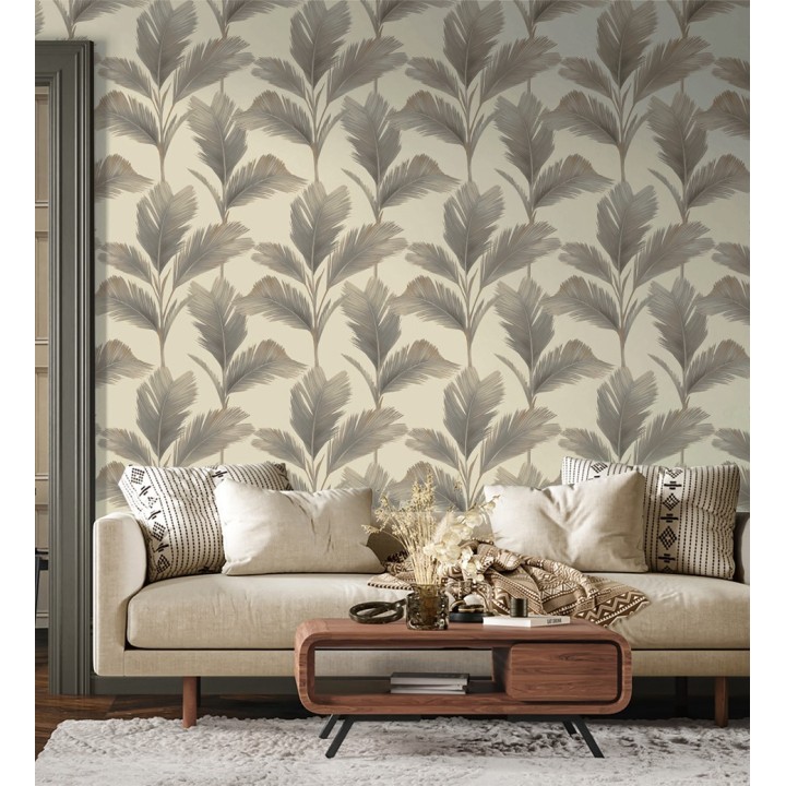 Papel pintado hojas de palma tropical color visón sobre fondo beige mate - Areca 683587