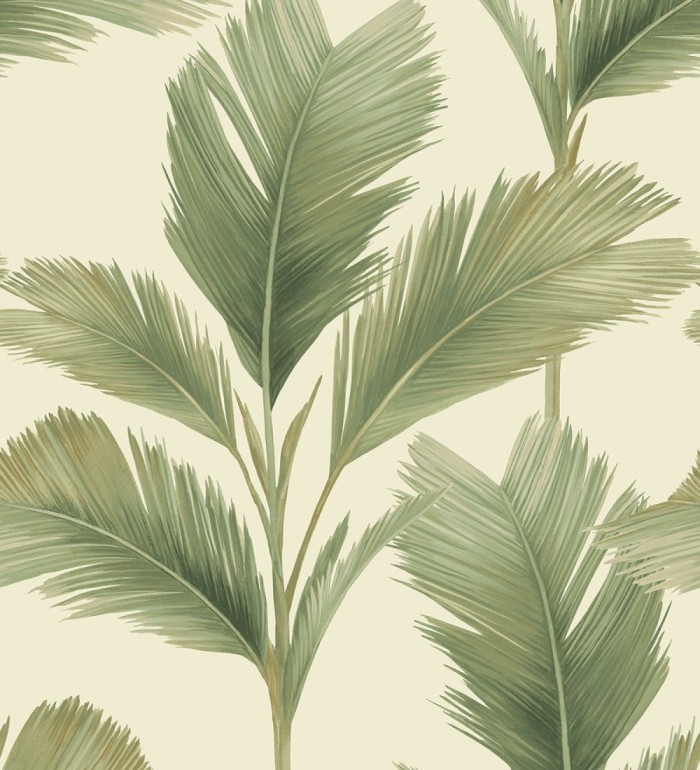 Papel pintado hojas de palma tropical color verde sobre fondo beige claro mate - Areca 683588