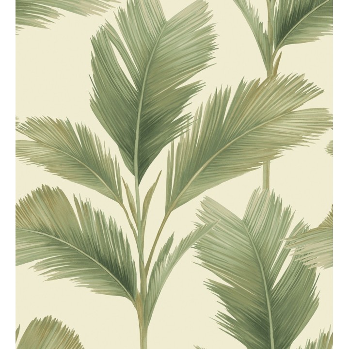 Papel pintado hojas de palma tropical color verde sobre fondo beige claro mate - Areca 683588