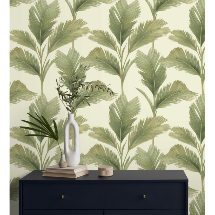 Papel pintado hojas de palma tropical color verde sobre fondo beige claro mate - Areca 683588