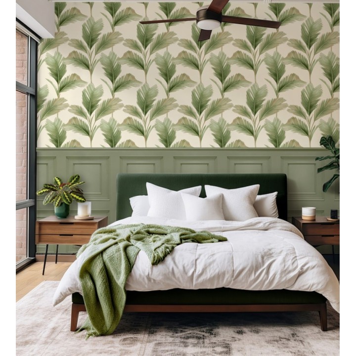 Papel pintado hojas de palma tropical color verde sobre fondo beige claro mate - Areca 683588