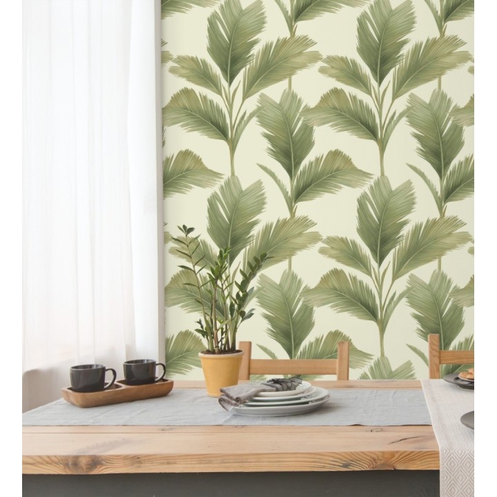 Papel pintado hojas de palma tropical color verde sobre fondo beige claro mate - Areca 683588
