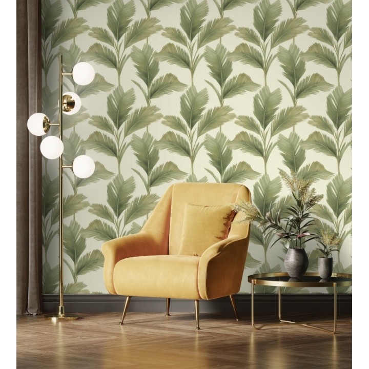 Papel pintado hojas de palma tropical color verde sobre fondo beige claro mate - Areca 683588