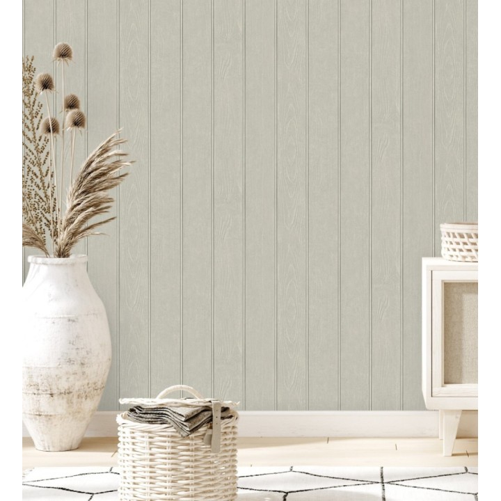 Papel pintado imitación madera color gris visón con efecto listones - Daimiel Boards 683589