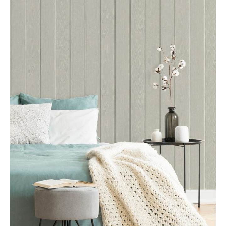 Papel pintado imitación madera color gris visón con efecto listones - Daimiel Boards 683589