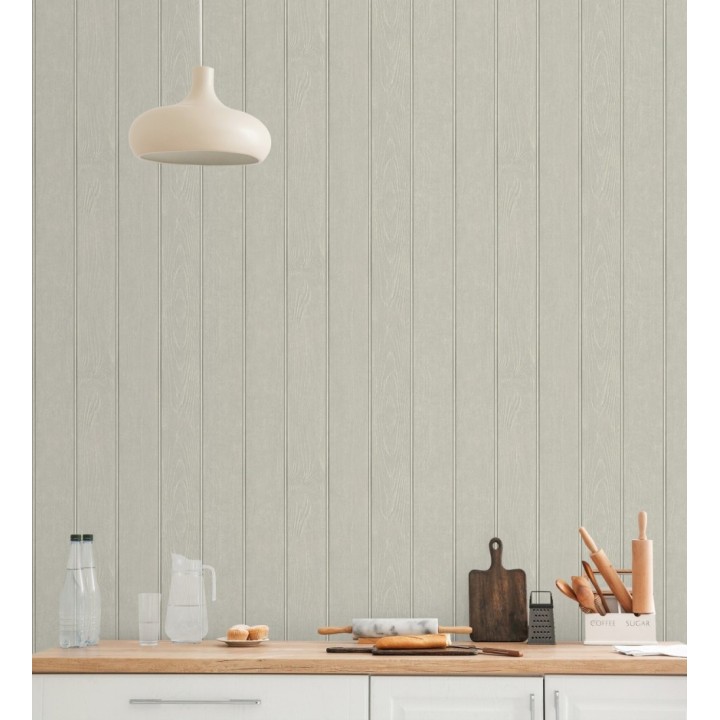 Papel pintado imitación madera color gris visón con efecto listones - Daimiel Boards 683589