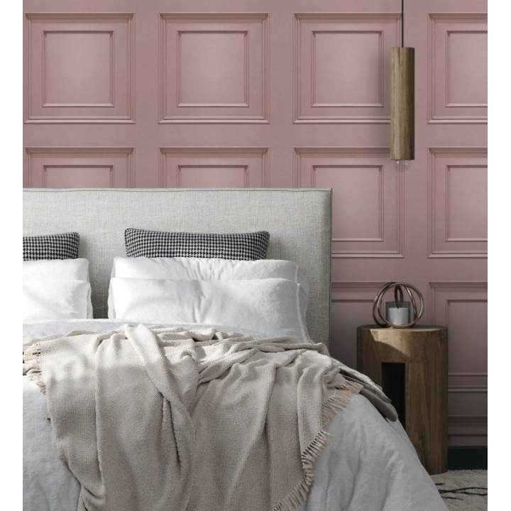 Papel pintado con efecto visual de casetones de madera color rosa sin relieve - Hampton Frame 683590