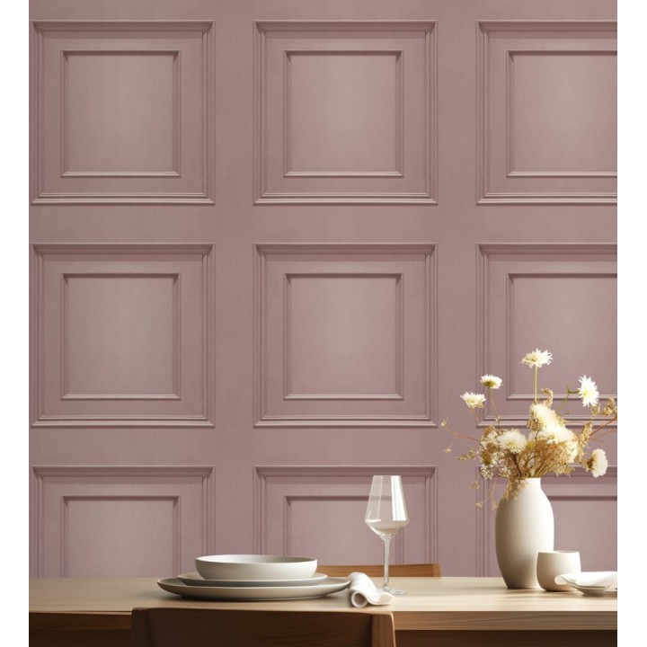 Papel pintado con efecto visual de casetones de madera color rosa sin relieve - Hampton Frame 683590